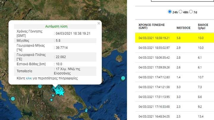 Ισχυρός σεισμός στην Ελασσόνα